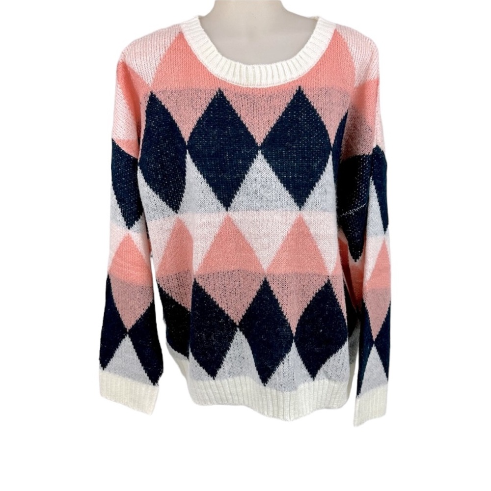 FAVLUX Sweater Argyle Diamond Blue peach cream Long Sleeve Crew Ribbed L… - Picture 1 of 11